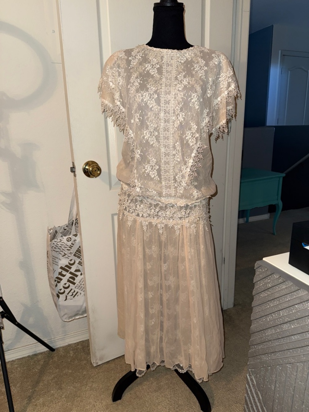 1980s Jessica McClintock  Overlay Lace Dress in Blush